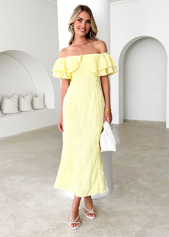 Midi dresses with wrap - around skirts for a customizable fitMona Off Shoulder Midi Dress - Lemon Midi dresses with wrap - around skirts for a customizable fitMona Off Shoulder Midi Dress - Lemon