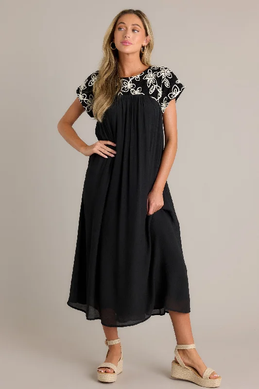 Wrap - style midi dresses in silk for a sophisticated office lookMuted Garden Black Floral Midi Dress