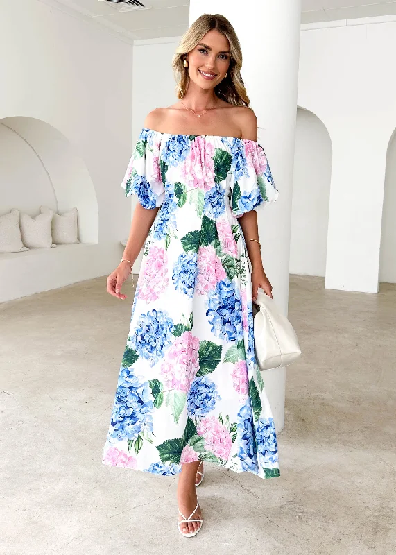 Midi dresses with one - shoulder designs for a modern and asymmetric styleNadia Off Shoulder Midi Dress - Blue Hydrangea