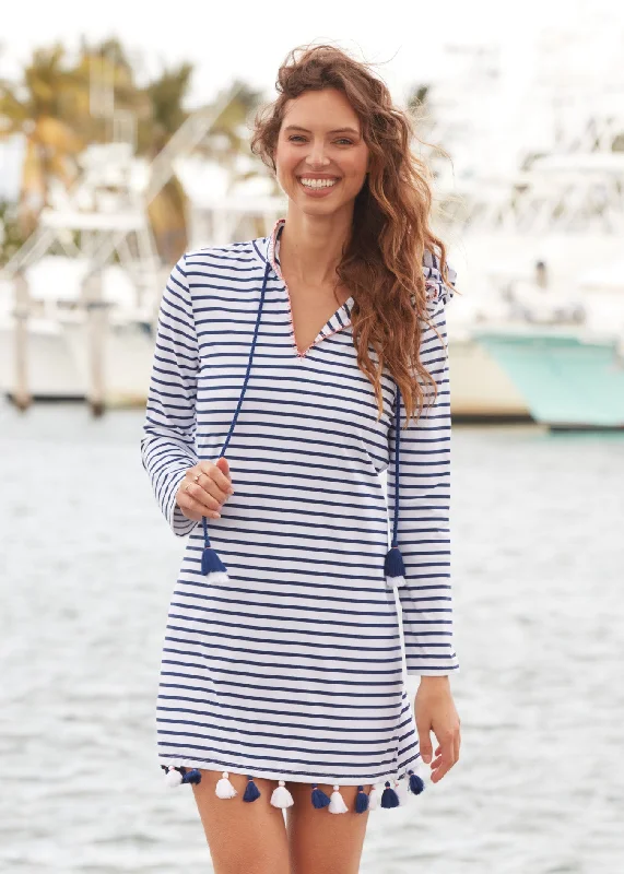 Midi dresses with pleated bodices for a classic and tailored lookNavy Stripe Hooded Cover Up