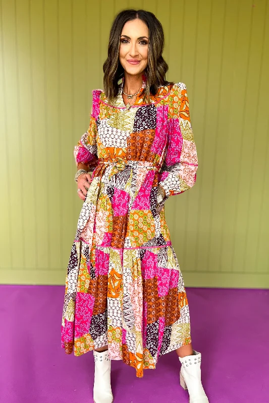 Midi dresses with ruffled hems for a romantic date nightOrange Multi Patchwork Print Piping Detail Belt Midi Dress