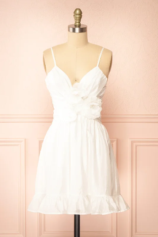 Sleeveless midi dresses with lace details for summer weddingsPattiesun | Short White Dress w/ Flower Appliqués