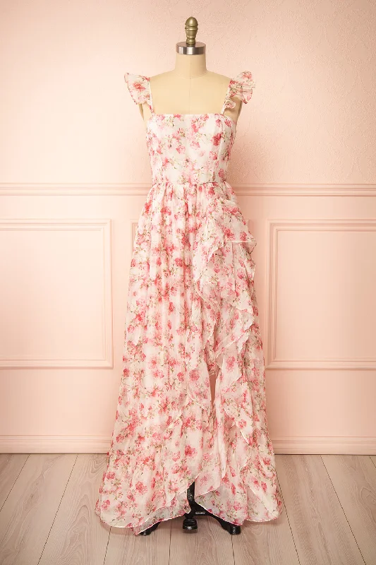 Midi dresses with cold - shoulder cutouts for a trendy stylePhyllisia Pink | Floral Maxi Dress w/ Ruffles
