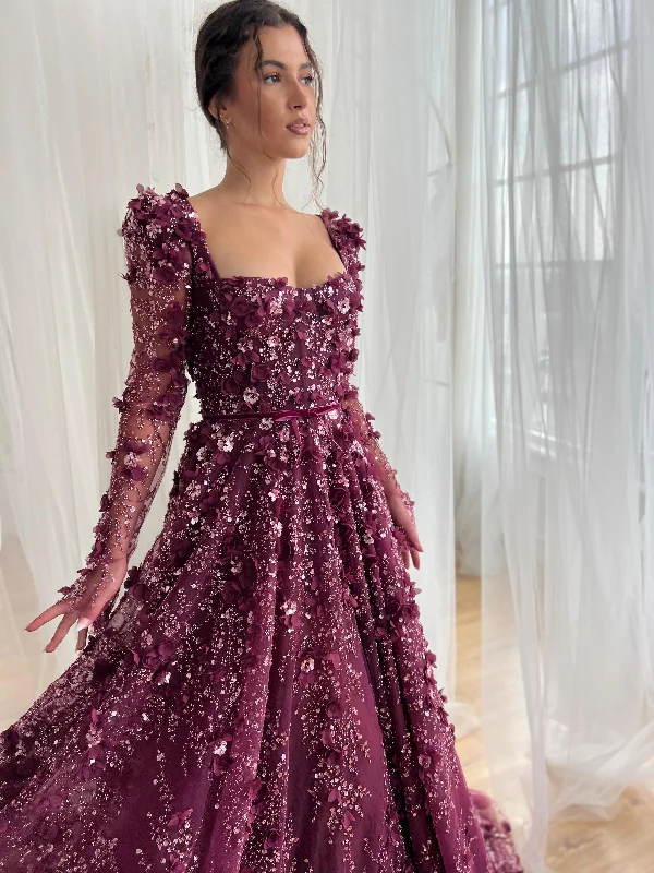 Midi dresses with gathered skirts for a full and flowing silhouettePlum Royalty Gown