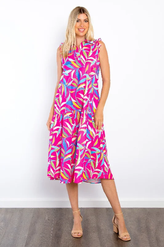 Midi dresses with button - down skirts for a unique and functional designPrint Ruffled Midi Dress with Pockets