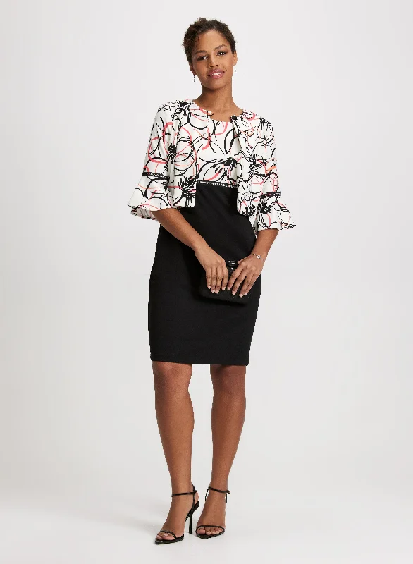 Midi dresses with puff sleeves for a vintage - inspired lookPrinted Colour Block Jacket & Dress Set