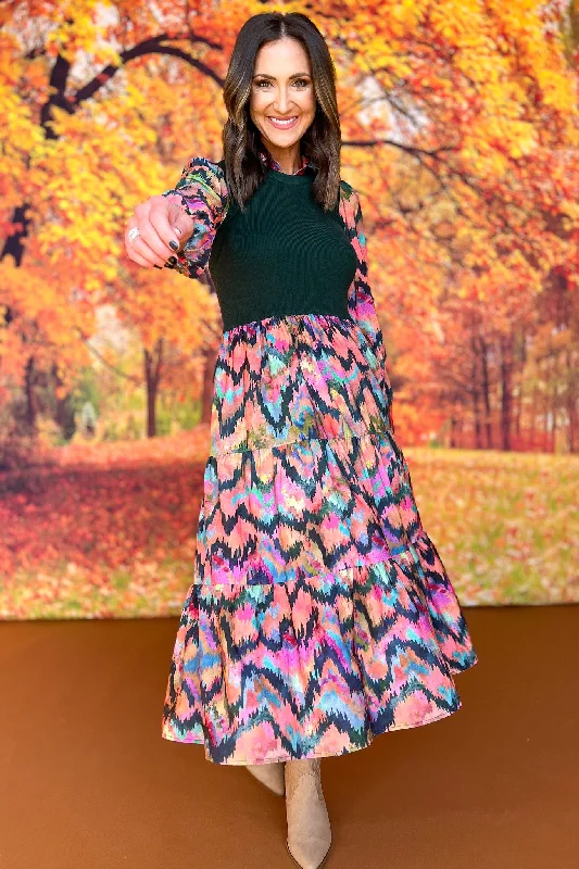 Midi dresses with gathered skirts for a full and flowing silhouetteSSYS Hillary Hunter Knit Top Ikat Print Midi Dress