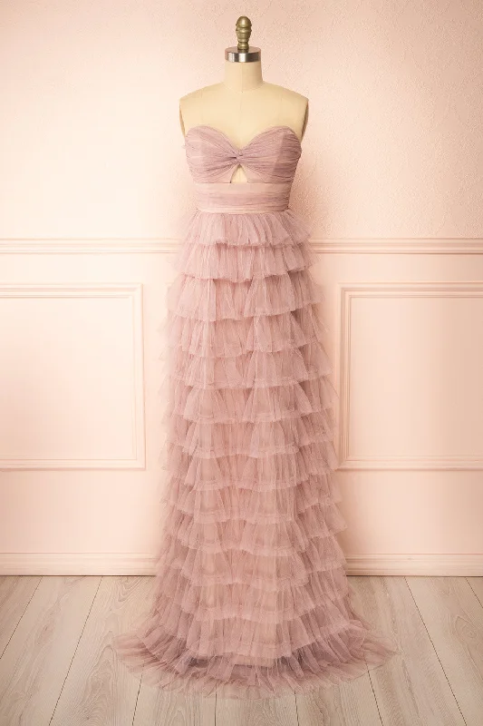 Midi dresses with puff sleeves for a vintage - inspired lookQila Mauve | Strapless Tulle Ruffled Dress