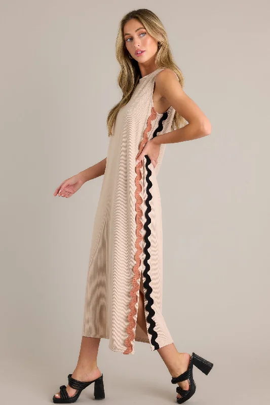 Midi dresses with side slits for a sexy and elegant appearanceRadiant Glow Taupe Ricrac Midi Dress