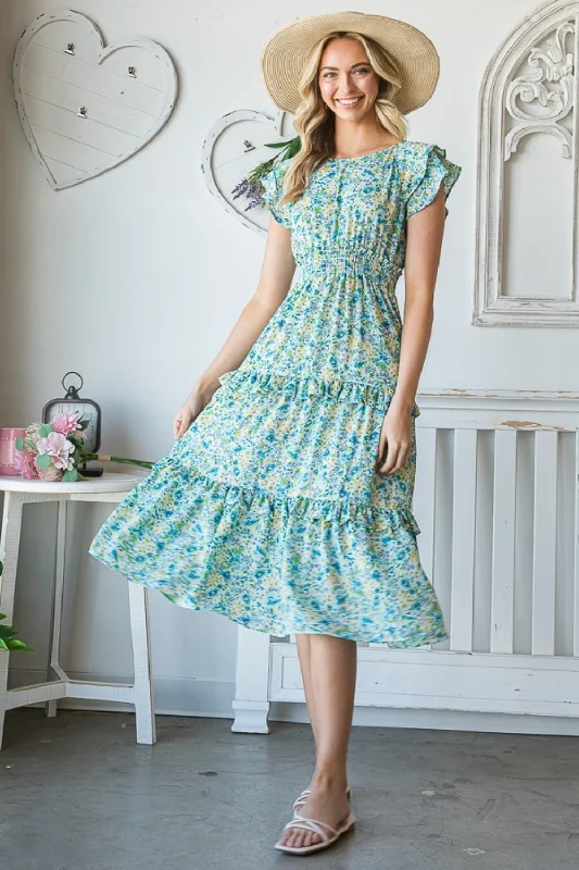 Midi dresses with cold - shoulder cutouts for a trendy styleFloral Ruffle Trim Tiered Midi Dress Midi dresses with cold - shoulder cutouts for a trendy styleFloral Ruffle Trim Tiered Midi Dress