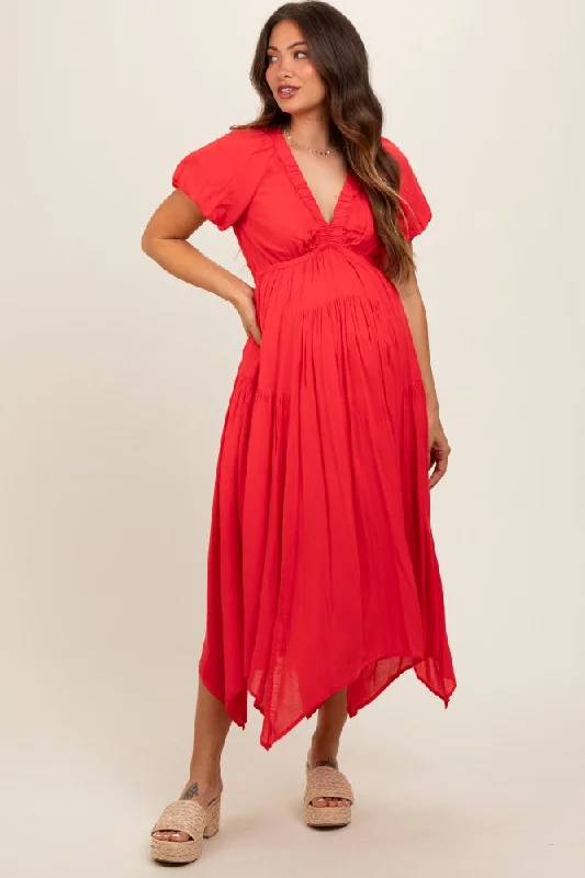 Midi dresses with pom - pom trims for a playful and festive lookRed Deep V-Neck Puff Short Sleeve Asymmetrical Hem Maternity Midi Dress Midi dresses with pom - pom trims for a playful and festive lookRed Deep V-Neck Puff Short Sleeve Asymmetrical Hem Maternity Midi Dress