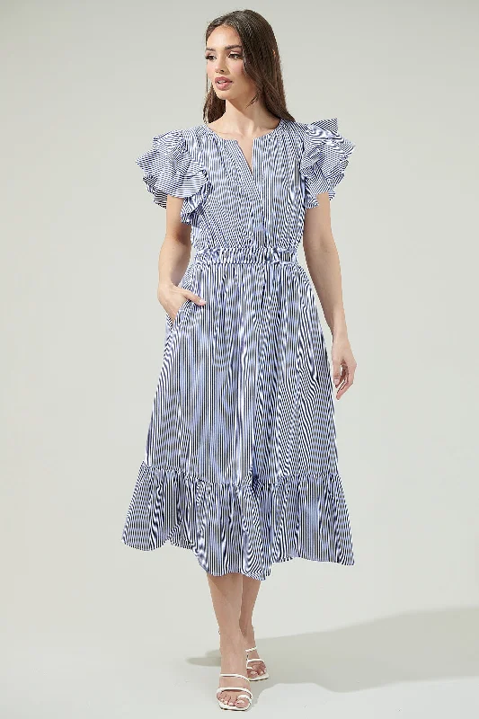 Midi dresses with ruffled sleeves for a more feminine and voluminous lookReynaga Striped Jelina Ruffle Sleeve Midi Dress Midi dresses with ruffled sleeves for a more feminine and voluminous lookReynaga Striped Jelina Ruffle Sleeve Midi Dress