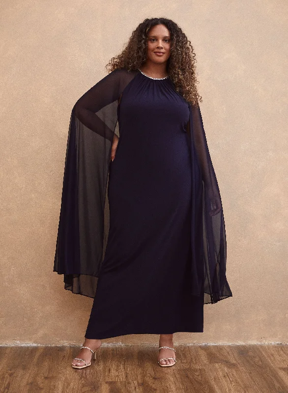 Midi dresses with button - down skirts for a unique and functional designRhinestone Neck Maxi Cape Dress