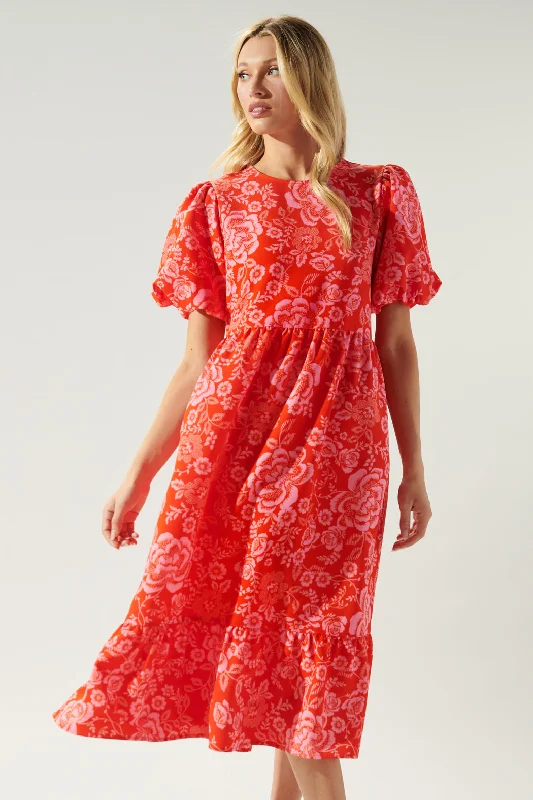 Midi dresses with cotton - blend materials for everyday comfortRhubarb Floral Papillon Puff Sleeve Midi Dress