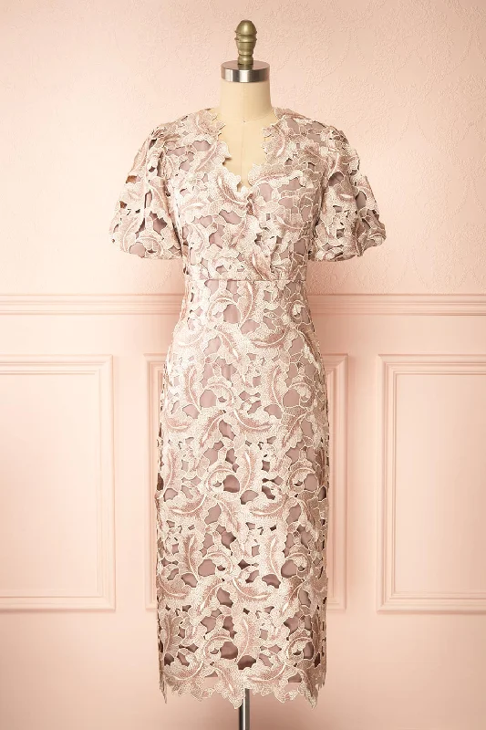 Sheath midi dresses with beaded embellishments for a formal occasionRolande | Midi Taupe Openwork Lace Dress Sheath midi dresses with beaded embellishments for a formal occasionRolande | Midi Taupe Openwork Lace Dress