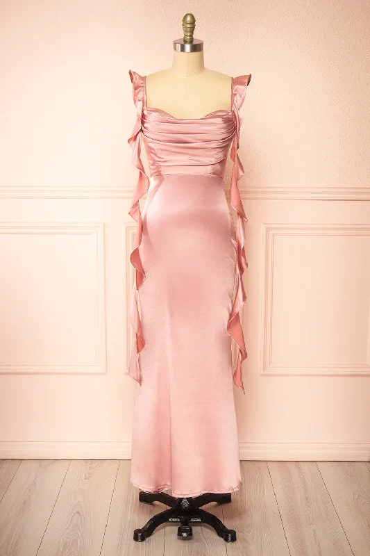 Midi dresses with mesh inserts for a trendy and breathable optionRolania | Long Mauve Satin Dress