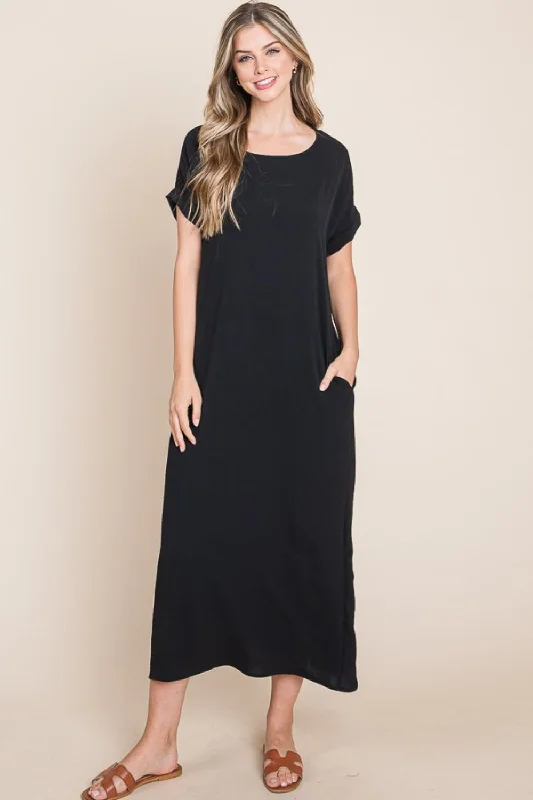 Midi dresses with ruched bodices for a feminine and fitted feelRound Neck Short Sleeve Midi Dress with Pockets Midi dresses with ruched bodices for a feminine and fitted feelRound Neck Short Sleeve Midi Dress with Pockets