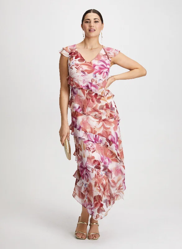 Midi dresses with patchwork patterns for a one - of - a - kind styleRuffled Chiffon Floral Dress Midi dresses with patchwork patterns for a one - of - a - kind styleRuffled Chiffon Floral Dress