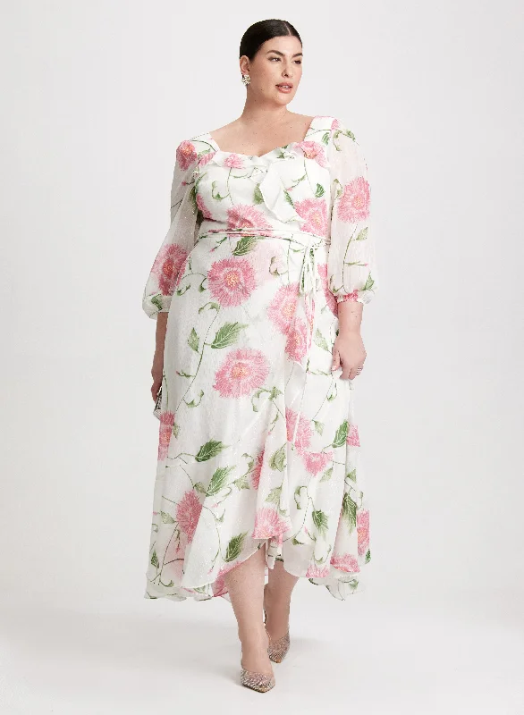 Midi dresses with belted waists to accentuate the figureRuffled Floral Chiffon Dress Midi dresses with belted waists to accentuate the figureRuffled Floral Chiffon Dress