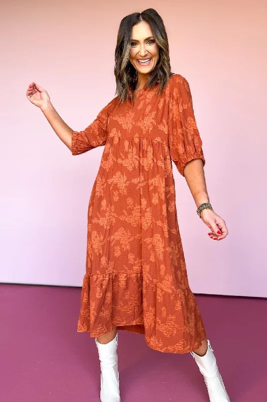 Midi dresses with wrap - around skirts for a customizable fitRust Floral Collared Split Neck 3/4 Sleeve Tiered Midi Dress