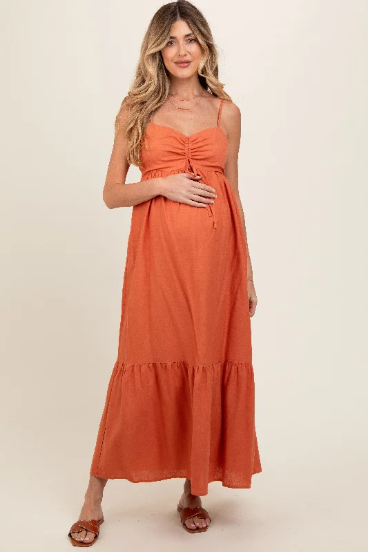 Midi dresses with printed lining for a hidden and stylish detailRust Linen Front Cinch Maternity Midi Dress
