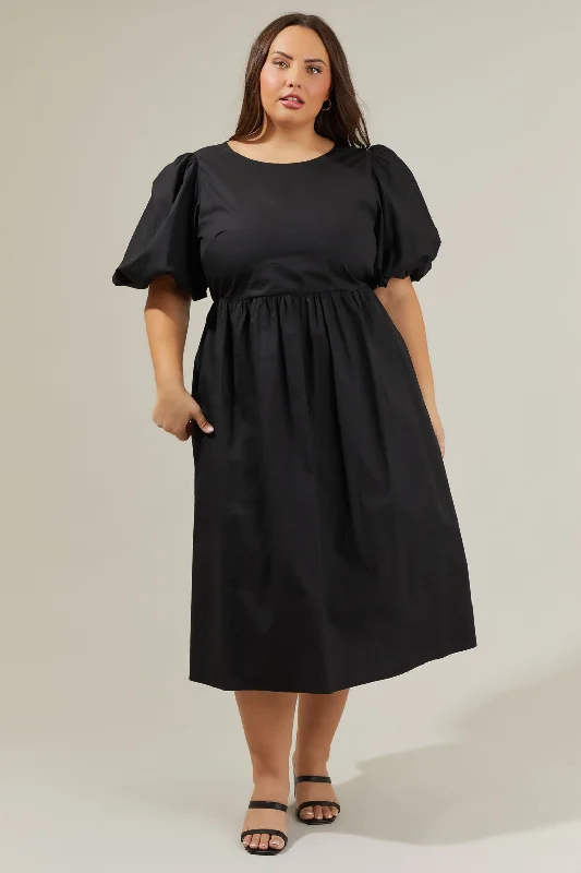 Midi dresses with ruffled bodices for a more pronounced feminine lookRye Poplin Puff Sleeve Midi Dress Curve