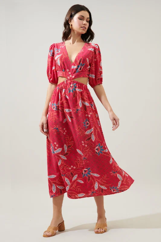 Midi dresses with ruffled bodices for a more pronounced feminine lookSable Paisley Terranea Cut Out Midi Dress