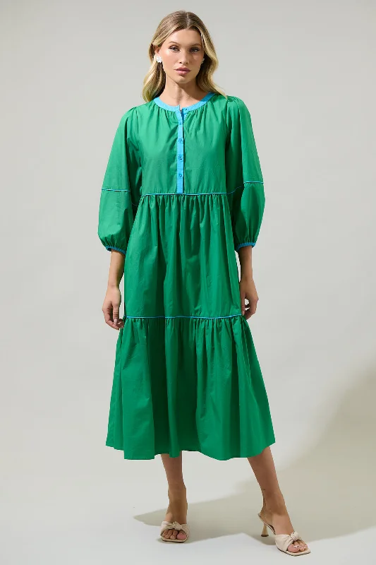 Midi dresses with cold - shoulder cutouts for a trendy styleSaddy Long Sleeve Button Up Midi Dress