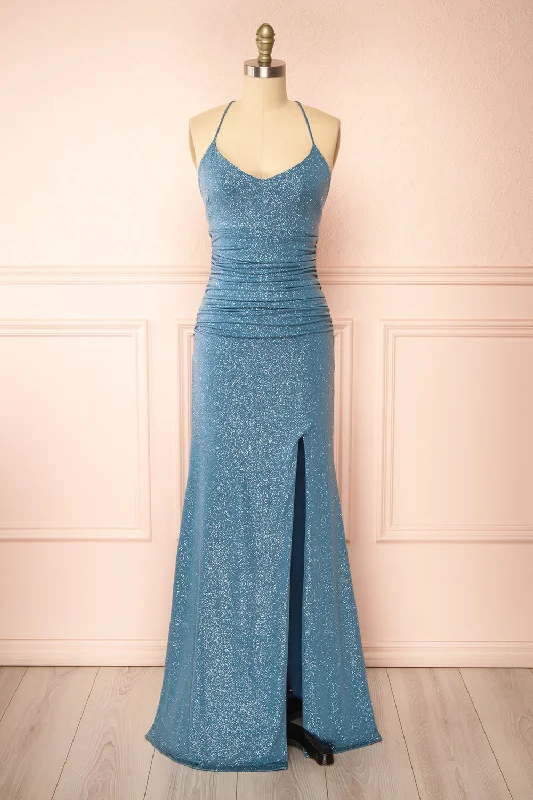 Midi dresses with wrap - around skirts for a customizable fitSamira Blue Grey | Sparkly Mermaid Maxi Dress w/ Slit