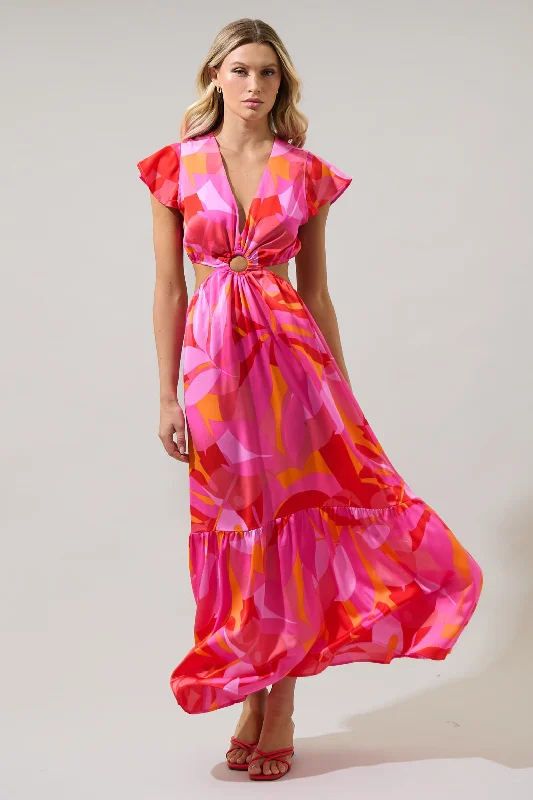 Maxi - inspired midi dresses with flowing fabrics for a beachy vibeSangria Abstract O-Ring Cut Out Midi Dress