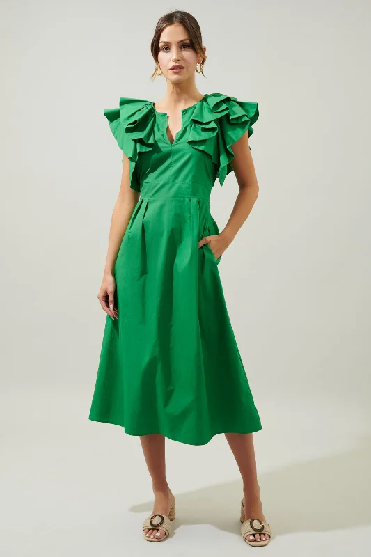 Midi dresses with button - front designs for a classic touchSantana Ruffle Sleeve Tie Back Midi Dress