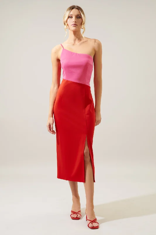 Midi dresses with polka dot prints for a playful summer outfitShani Color Block One Shoulder Bodycon Midi Dress