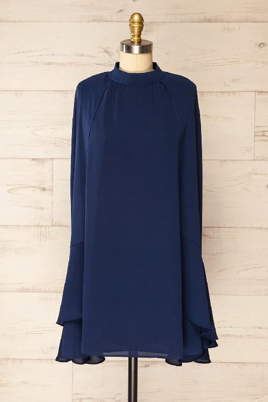 A - line midi dresses with floral prints for spring brunchesShelby | Short Navy Chiffon Dress w/ Cape