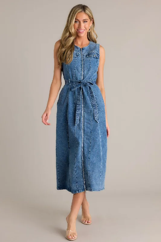 Midi dresses with pleated skirts for a timeless and elegant appealSimple Grace Denim Sleeveless Midi Dress