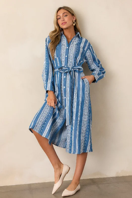 Midi dresses with denim fabric for a casual yet stylish day outSongs of the Sky Blue Embroidered Midi Shirt Dress