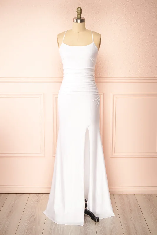 Midi dresses with ruffled bodices for a more pronounced feminine lookSonia White | Mermaid Maxi Dress w/ Slit