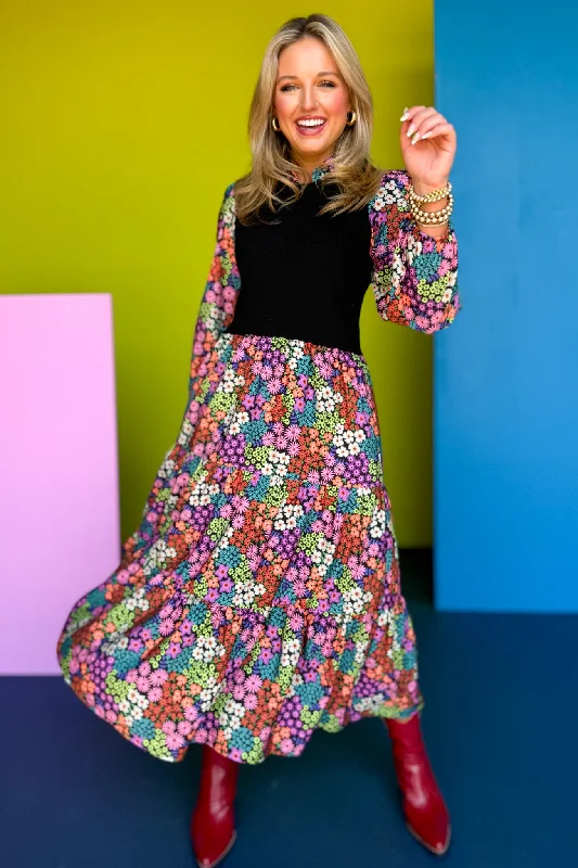 Midi dresses with ribbed textures for a unique and tactile appearanceSSYS The Hillary Black Knit Top Ditsy Floral Midi Dress