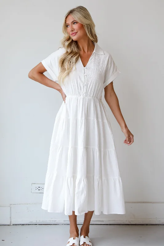 Midi dresses with polka dot prints for a playful summer outfitFINAL SALE - Summer Standard Off White Tiered Midi Dress