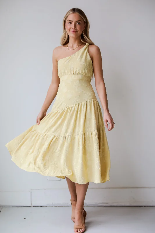 Midi dresses with button - down skirts for a unique and functional designFINAL SALE - Sunshine Daydream Yellow One-Shoulder Tiered Midi Dress