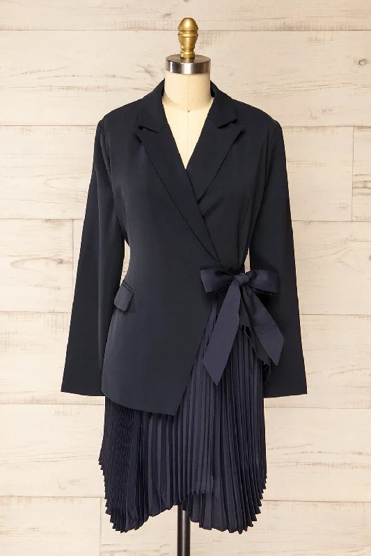 Midi dresses with tiered skirts for a bohemian festival lookSurrey | Asymmetrical Navy Pleated Blazer Dress