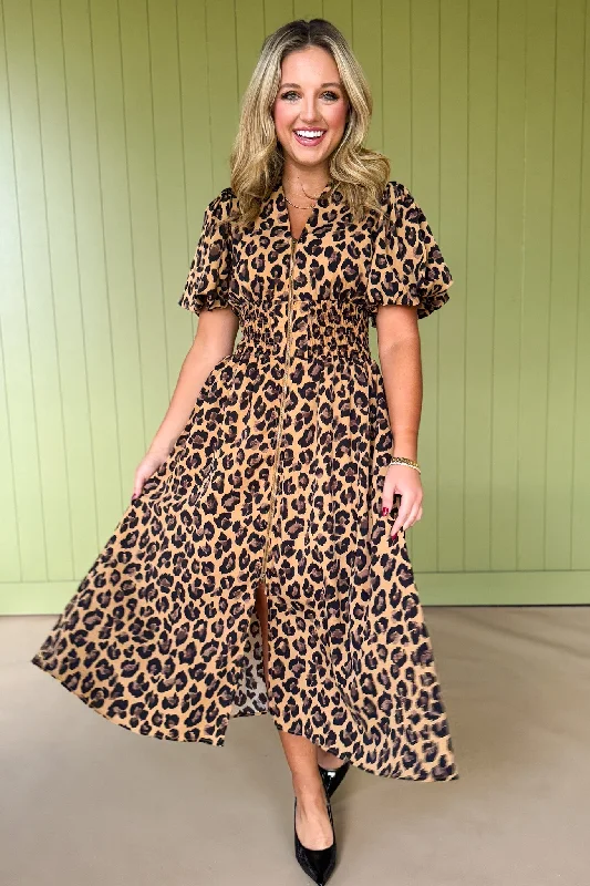 Midi dresses with button - down skirts for a unique and functional designTan Animal Print V Neck Front Zip Detail Short Puff Sleeve Dress