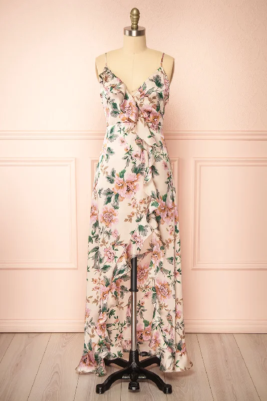 Midi dresses with off - the - shoulder necklines for a flirty lookVeleda Taupe | Floral Maxi Dress with Ruffles