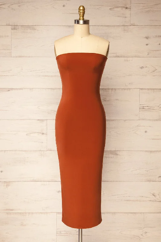 Midi dresses with satin - finish fabrics for a luxurious feelVictorya Rust | Strapless Fitted Midi Dress Midi dresses with satin - finish fabrics for a luxurious feelVictorya Rust | Strapless Fitted Midi Dress