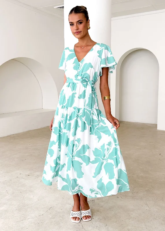 Midi dresses with asymmetric hems for a fashion - forward and dynamic appearanceVino Midi Dress - Green Floral Midi dresses with asymmetric hems for a fashion - forward and dynamic appearanceVino Midi Dress - Green Floral