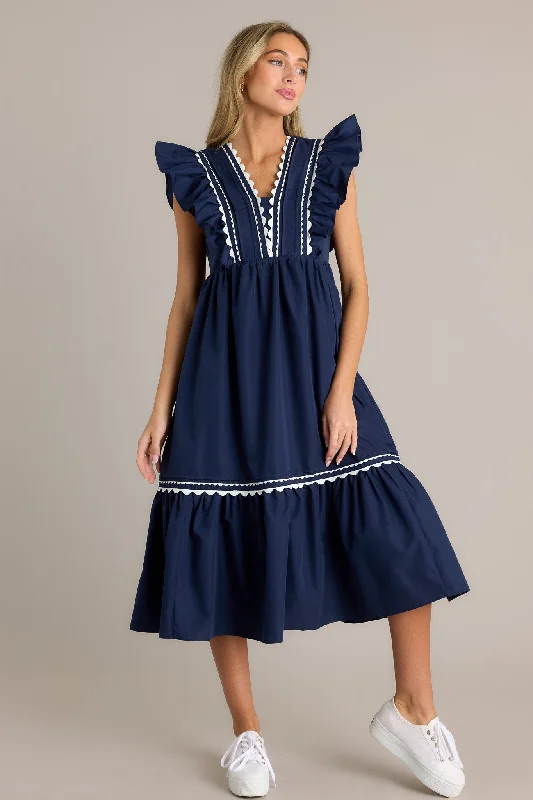 Sheath midi dresses with beaded embellishments for a formal occasionWishful Thinking Navy Flutter Sleeve Midi Dress