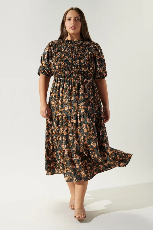 Maxi - inspired midi dresses with flowing fabrics for a beachy vibeZana Floral Dot Frazier Smocked Tiered Midi Dress Curve