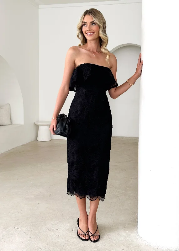 Midi dresses with V - necklines for a flattering and elongating effectZara Strapless Midi Dress - Black Lace