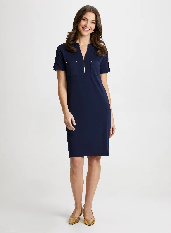 Midi dresses with pom - pom trims for a playful and festive lookZip Neck Dress