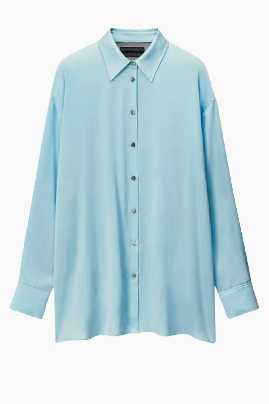 Dark - wash women jeans for a sophisticated and slimming effectAlexander Wang Oversized Silk Shirt with Logo Cut Out -Shine Blue