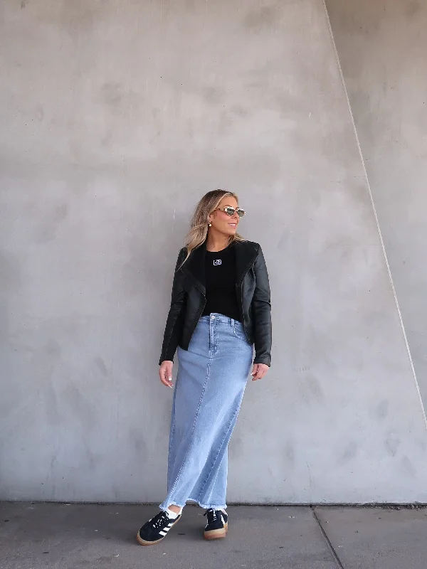 Embroidered women jeans with intricate patternsAsher Denim Maxi Skirt - Blue